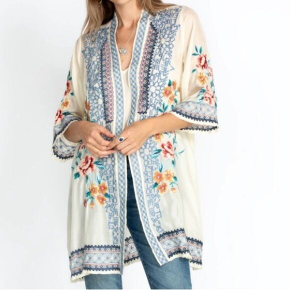 Johnny Was Utopia Kimono 100% Silk Floral Letter Embroidered Cream Blue Size XL - Picture 3 of 16